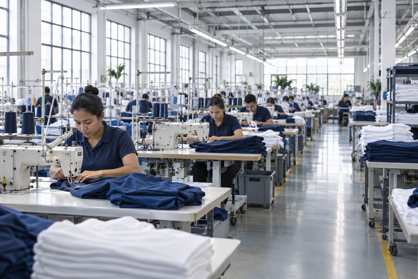 Garment production floor with sewing stations